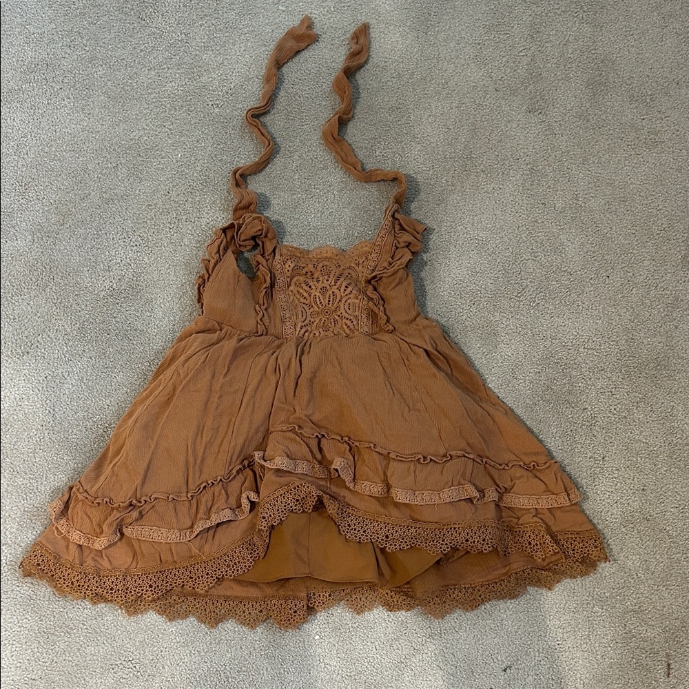 Joyfolie Brown Lace Trim Dress